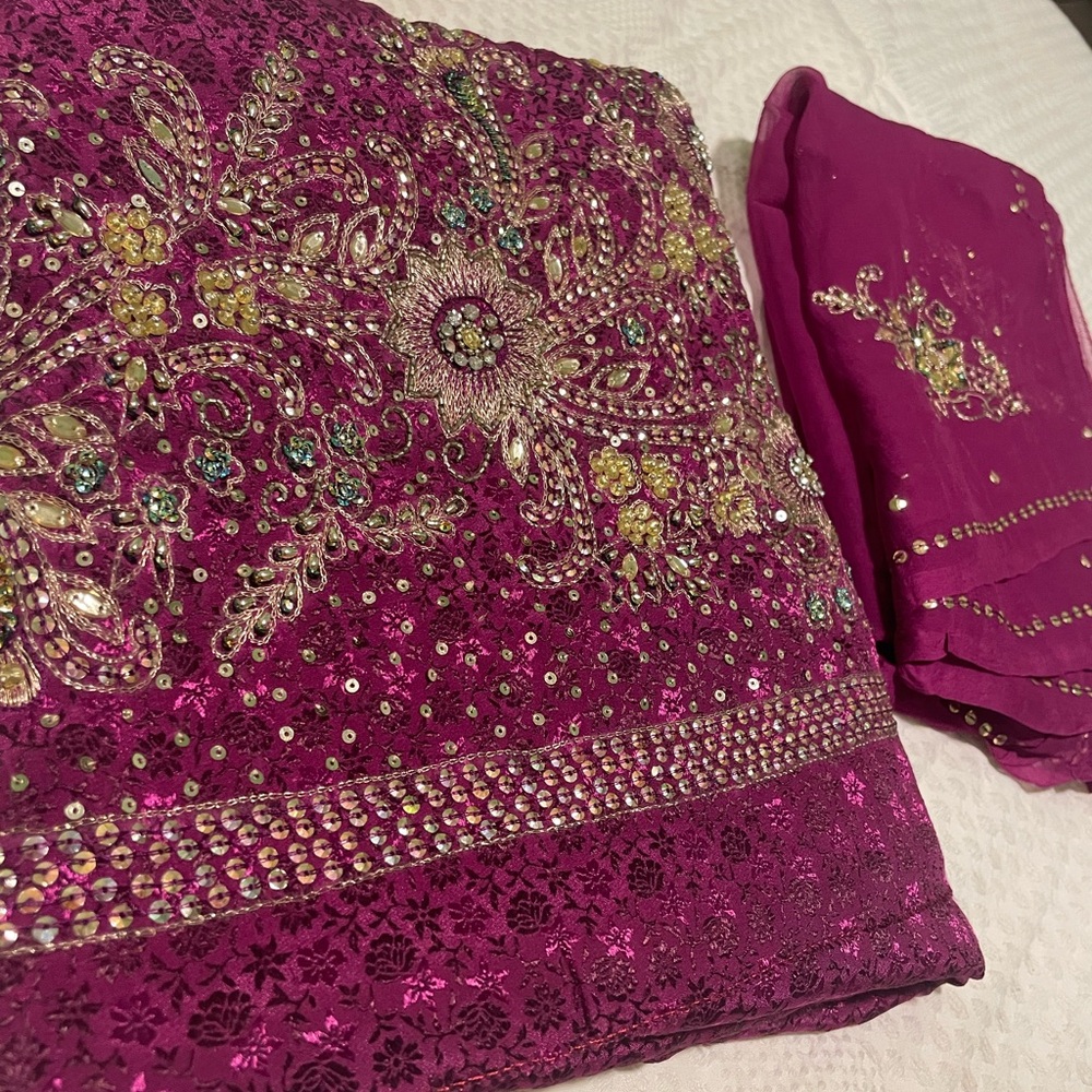 Unstitched Embellished Magenta Fabric with Floral Design Suit
